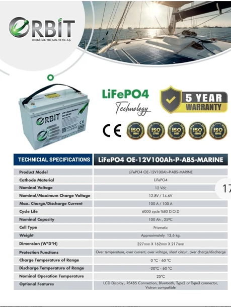 ORBİT 12 V 100 Ah LiFePO4 Akü-Marin Tip